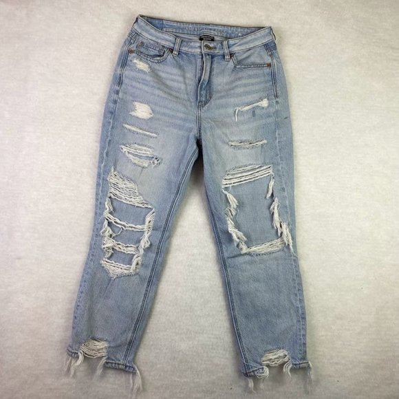 American Eagle Comfort Stretch Hi-Rise Ripped Distressed Mom Jeans Sz. 4 X-SHORT - Picture 1 of 9